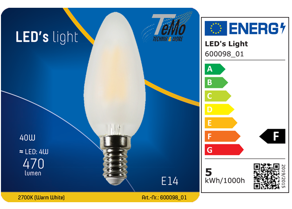 1 STÜCK (VPE) SHADA LED Kerze E14 470lm 4.5W, warmweiss 2700K, C35 mattiert, EEC: F (0600098_01)